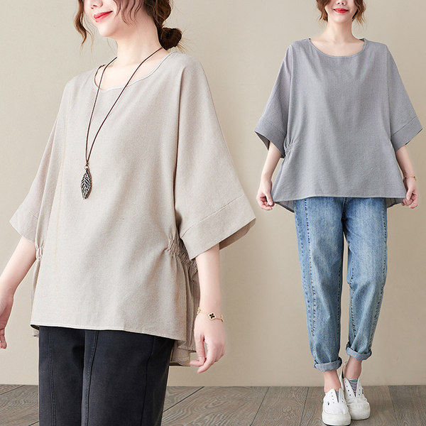 เสื้อทีเชิ้ตคนอ้วนผู้หญิงสไตล์คอตตอนลินินมีไซต์อก 47-48 นิ้ว