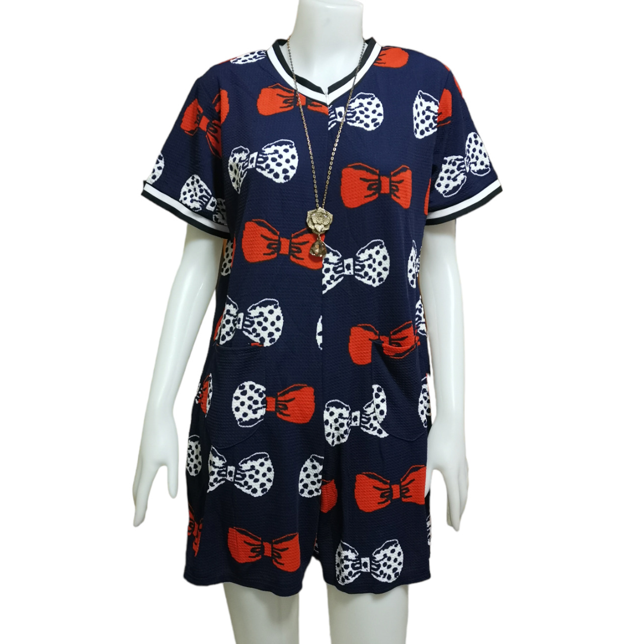 Jumpsuit637-สีกรม Big Size Jumpsuit จัมพ์สูทไซส์ใหญ่ลายโบว์ คอวี ซิปหน้า ผ้าวูลเวฟ(ผ้าหนังไก่)เนื้อดีนุ่มยืดหยุ่นสูงใส่สบาย
