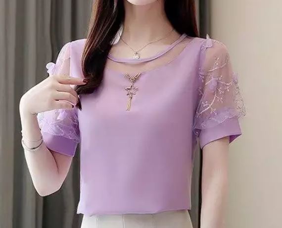 เสื้อผ้าลูกไม้ ผสม ผ้าซีฟอง ใส่ทำงาน ใส่ออกงาน ทางการ แบบเรียบหรู แขนแต่งดอกไม้ สีม่วง สีเหลือง สีฟ้า 202848