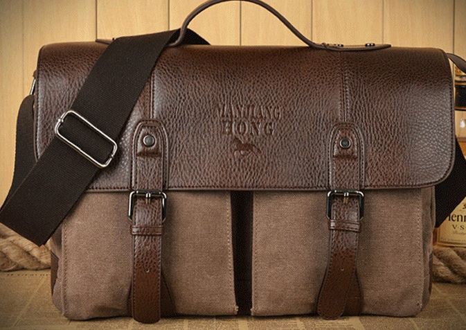 กระเป๋าสะพายข้าง ผู้ชาย กระเป๋าถือ ผ้า canvas ผสมหนังแท้รอบใบ กระเป๋าใส่เอกสาร ใส่ notebook สไตล์ ผู้ดี อังกฤษ สีน้ำตาล no 419509_1