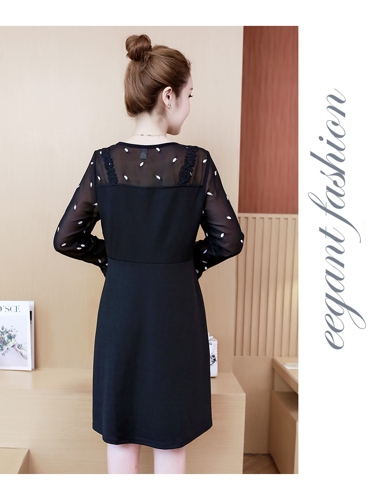Dress4475 เดรสแขนยาวสีดำ ดีเทลช่วงอกและแขนเป็นผ้าชีฟองปักลายใบไม้เล็กๆ ผ้าไมโครเนื้อดีมีน้ำหนักยืดหยุ่นได้ งานดีทรงสวย