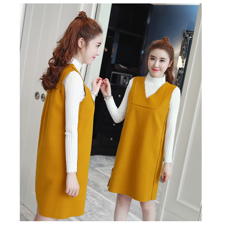 Set_bs1732 ชุด 2 ชิ้น(เสื้อ+เดรส) เดรสคอวีทรงปล่อยสีเหลืองผ้าคอตตอนกำมะหยี่เนื้อดีนุ่มใส่สบาย+เสื้อแขนยาวคอเต่าผ้าร่องไหมพรมเนื้อนุ่มยืดหยุ่นสูง งานดีดีเทลเก๋ๆ ใส่เที่ยว/ใส่ทำงานได้