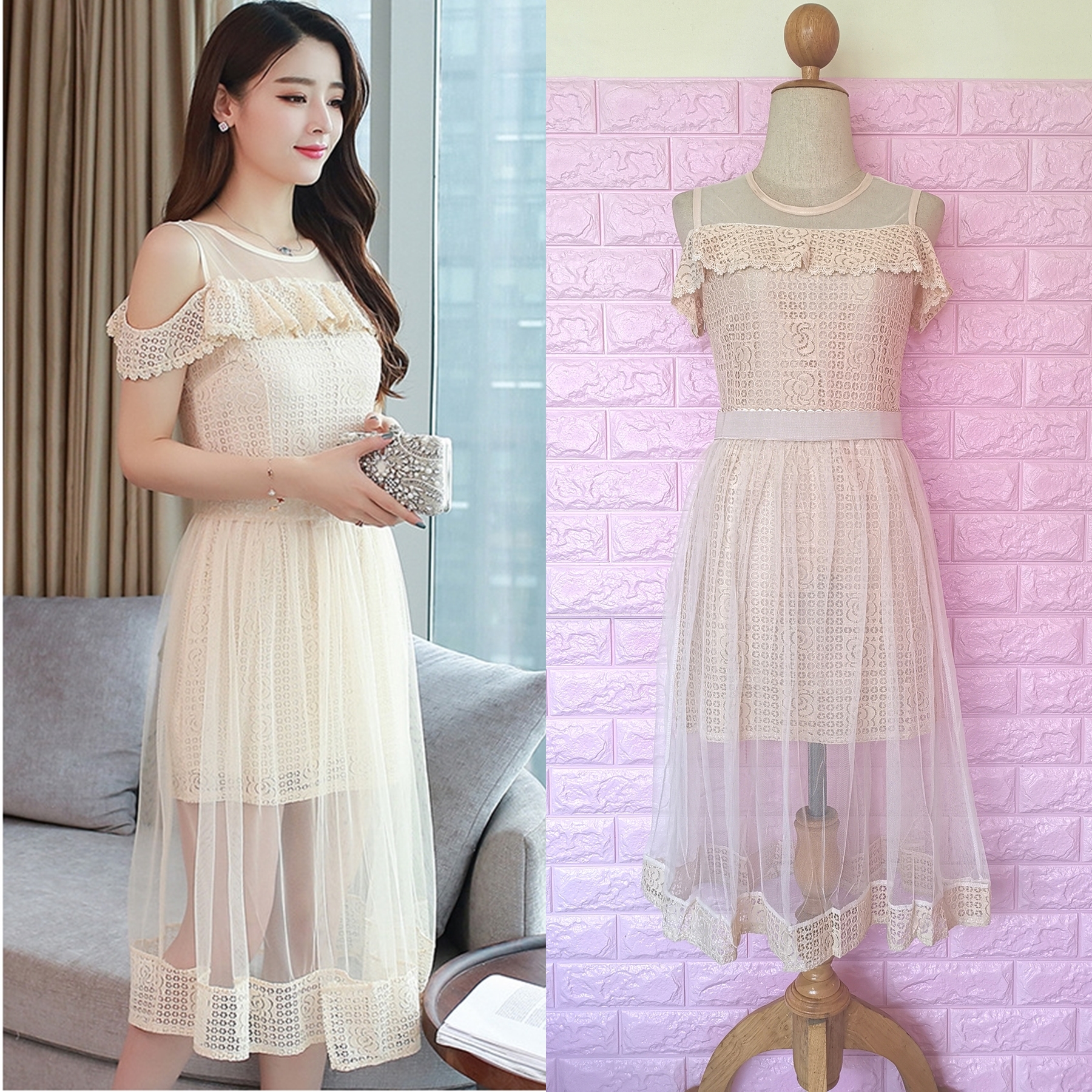 Dress4750 เดรสลูกไม้สีครีมเว้าไหล่แต่งระบาย มีกระโปรงผ้ามุ้งเอวยืดชายลูกไม้