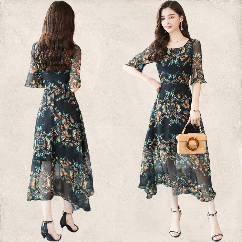 Dress4624 Maxi Dress แม็กซี่เดรส/ชุดเดรสยาวลายผีเสื้อพื้นสีดำ ซิปข้างใส่ง่าย มีซับในอย่างดี ผ้าชีฟองเนื้อดีนุ่มใส่สบาย งานดีทรงดีลายสวย ชุดเดียวสวยจบ สวมใส่ได้ทุกโอกาส