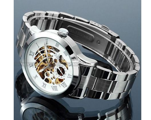 นาฬิกาข้อมือ โชว์กลไก Mechanical watch นาฬิกาไม่ต้องใช้ถ่าน นาฬิกาข้อมือผู้ชาย สาย Stainless Steel หน้าปัดขาว ลายก้างปลา ของขวัญสุดหรู 673953