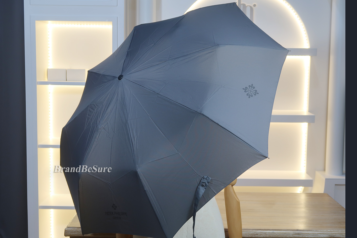 Patek Phillipe Grey Synthetic Fabric Wooden Handle Folding Umbrella