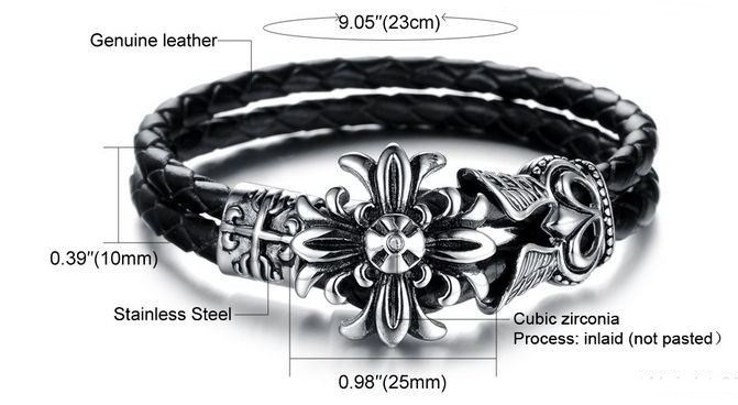 สร้อยข้อมือผู้ชาย กำไลข้อมือผู้ชาย สายหนังแท้ ใส่จี้ดอกไม้ สี่แฉก สร้อยข้อมือหนังแท้ แนว ร๊อคเกอร์ ผสมผสาน กับ Stainless steel ของขวัญสุดหรู 325411