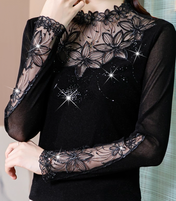 แฟชั่น เสืื้อลูกไม้ สีดำ แขนยาว ผสมผสานกับ ผ้าซีทรู สวย เซ็กซี่ เสื้อลูกไม้ สวย ๆ ใส่ออกงาน 858212