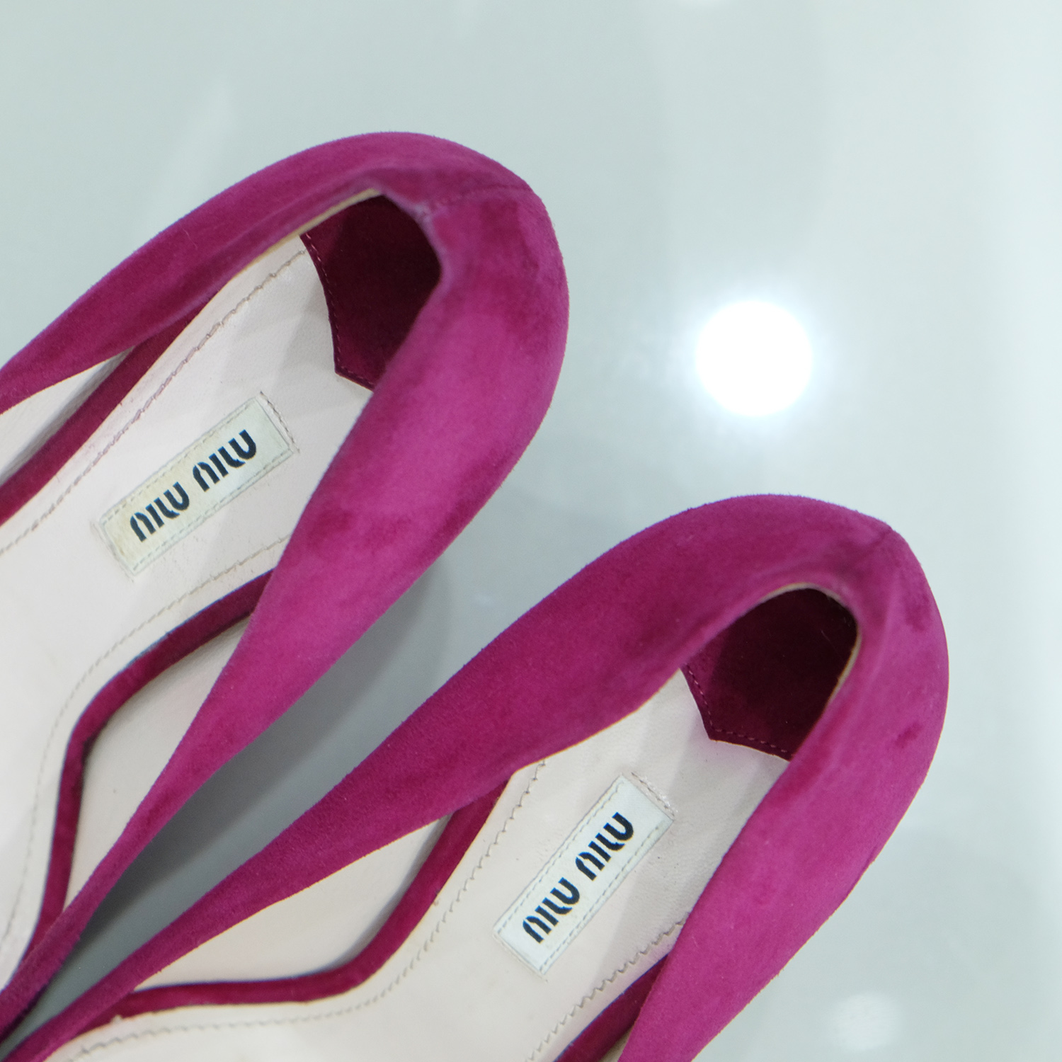 Miu Miu Fushia Pink Suede (Goat) Peep Toes Glitter Heel 5.5" Size 40