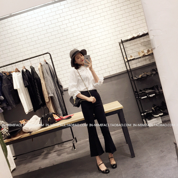 กางเกงขายาว 5 ส่วน ผ่าหน้า ผ้าใยสังเคราะห์ ยืดได้นิดหน่อย ไม่หนา พร้อมส่ง black