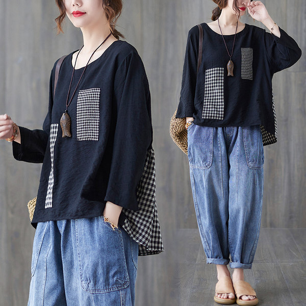 เสื้อทีเชิ้ตคนอ้วนผู้หญิงสไตล์คอตตอนลินินมีไซต์อก 47-48 นิ้ว