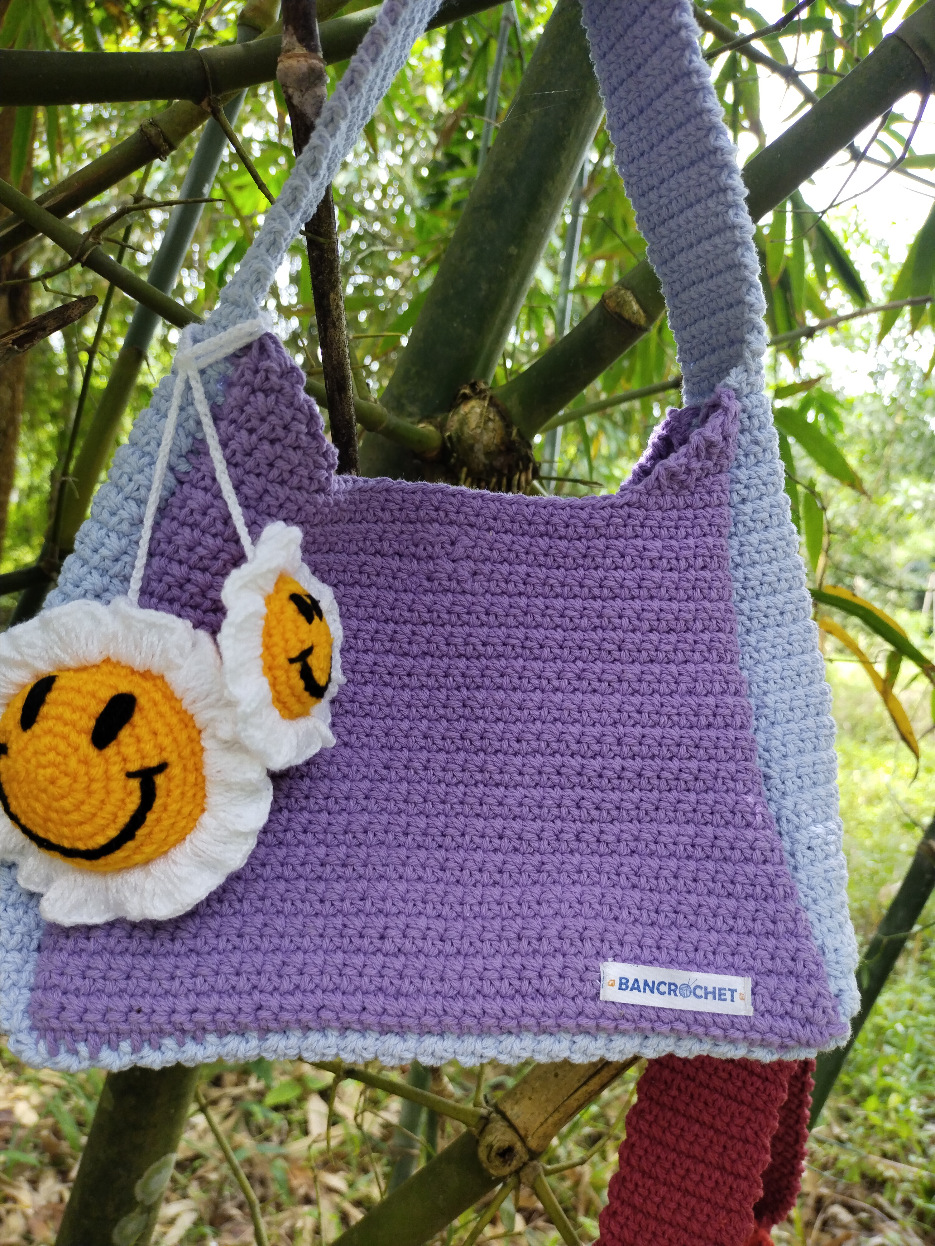 Bancrochet กระเป๋าถักโครเชต์ crochet bag ม่วง 8*5.5 สาย 7 inch