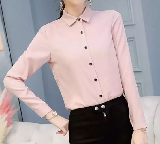 เสื้อเชิ้ตผู้หญิง เสื้อเชิ้ตแขนยาว สีชมพู เสื้อคอปก ผ้าลื่น แบบสวย เสื้อเชิ้ตใส่ทำงาน แบบเก๋ ๆ สีพื้น 409467