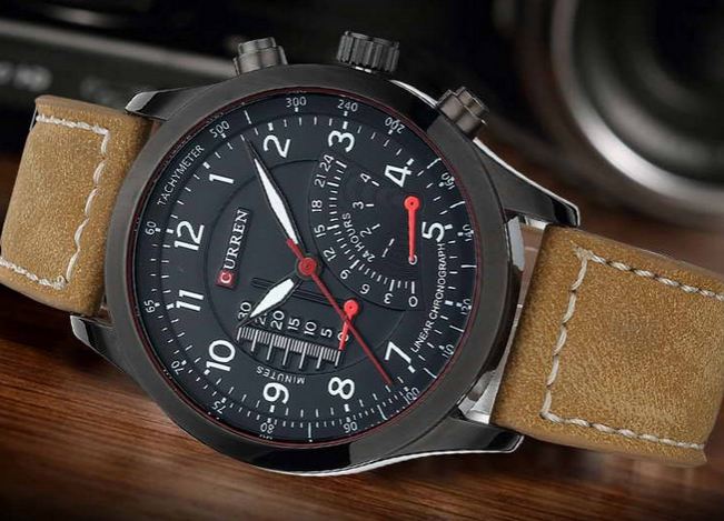 นาฬิกาข้อมือ ผู้ชาย สายหนังแท้ สีน้ำตาล แนว Sport กันน้ำได้ ดีไซน์ ปุ่มด้านข้างใหญ่ ตกแต่งหน้าจอสีดำ สลับตัวเลขสีขาว คลาสสิค สุด ๆ 222191