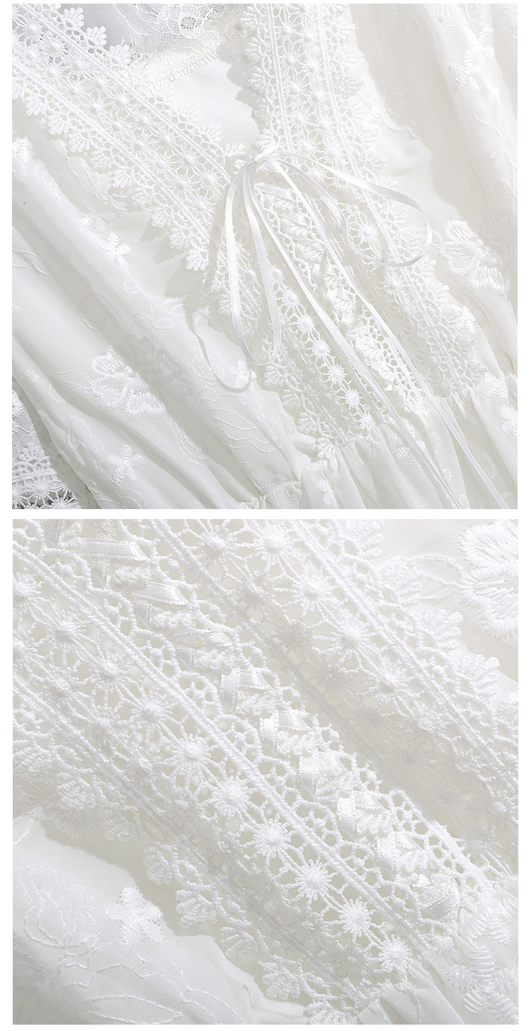 Dress4720 เดรสยาวชีฟองสีขาวปักลูกไม้ลายดอกทั้งตัว คอวีแต่งเชือกผูกไขว้ แขนยาวสี่ส่วนระบายแต่งลูกไม้ ซิปข้าง เอวสม็อคยางยืด ผ้าชีฟองเกรดพรีเมียมเนื้อดีนุ่มน่าใส่ มีซับในอย่างดี งานสวยหรูดีเทลดีงามดูสวยแพง ใส่เที่ยว/ใส่ออกงานได้