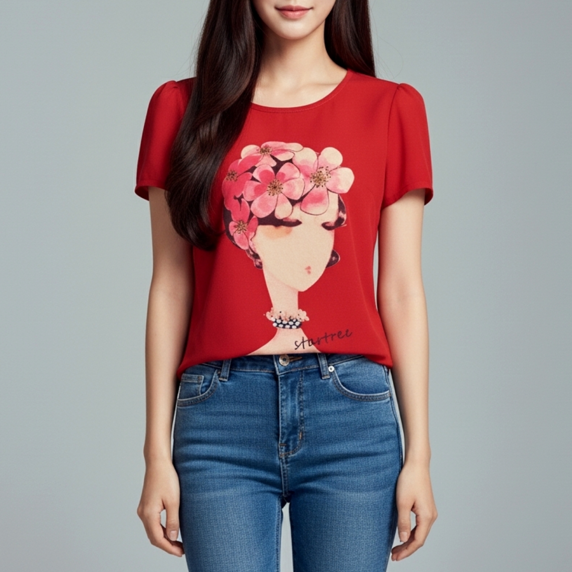 Blouse1788 เสื้อแฟชั่นผ้าชีฟองเนื้อทรายสีแดง แขนสั้น ดีเทลแต่งลายผู้หญิงปักมุก งานสวยแมทช์กับอะไรก็เข้า