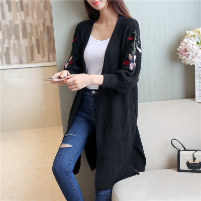 เสื้อคลุมไหมพรม ปักลายดอกไม้ แขน 4 ส่วน สีดำพร้อมส่ง