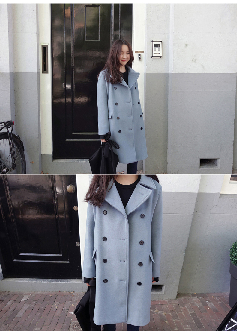 OverCoat เสื้อโค้ทกันหนาว สไตล์เกาหลี สีฟ้าอ่อน ตัวยาวแต่งกระดุมสองแถว บุซับในฟกันลม พร้อมส่ง สีฟ้าอ่อน L