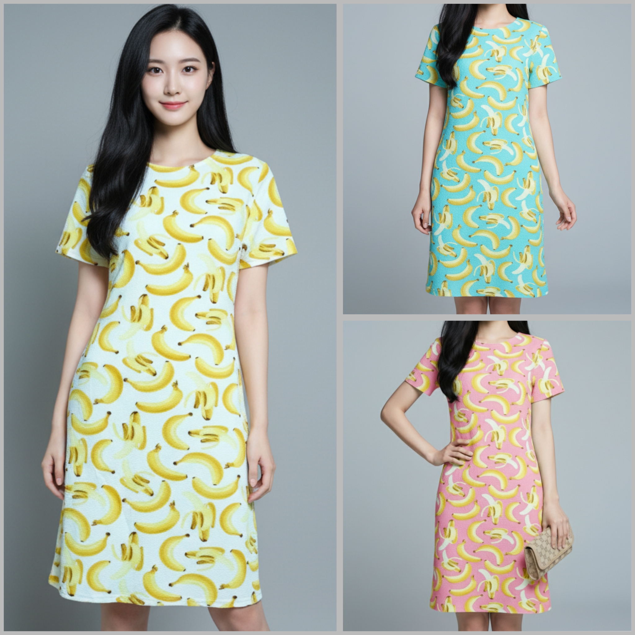 Dress3354 ชุดเดรสยาวทรงสวยลายกล้วย ผ้าวูลเวฟ(ผ้าหนังไก่)เนื้อดีนุ่มยืดขยายได้เยอะ งานน่ารักผ้านุ่มใส่สบาย มี 3 สี ขาว, เขียวพาสเทล, ชมพูพาสเทล