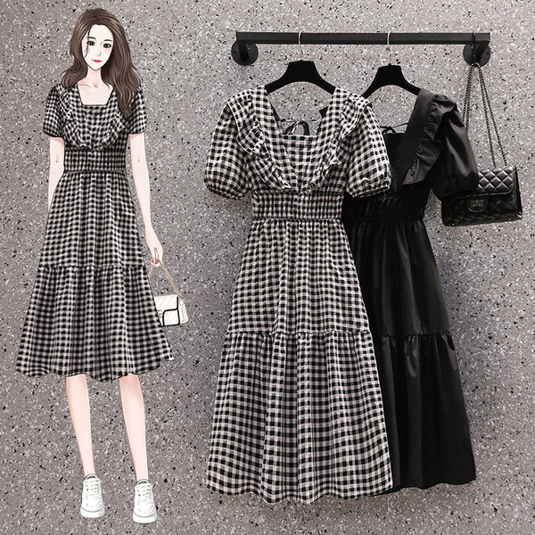 เดรสคนอ้วน เดรสสาวอวบ ชุดเดรสคนอ้วนวัยรุ่น ลายสก็อต และสีดำ BY PLUS SIZE Girl
