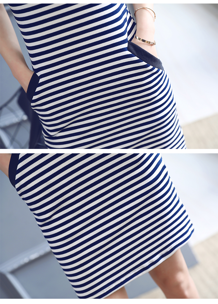 Dress4510 เดรสไซส์ใหญ่ลายริ้วผ้าร่องสีขาวกรม คอวีแต่งผ้าตาข่ายสีดำ มีกระเป๋าข้าง ผ้าเนื้อดีนุ่มใส่สบายยืดหยุ่นสูง งานสวยใส่ง่ายน่ารักมาก