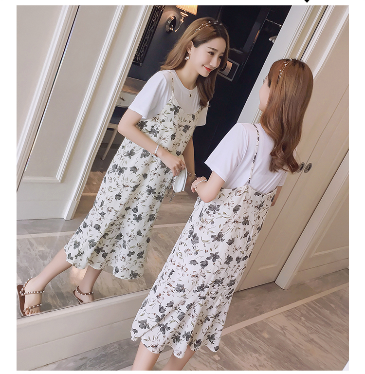 Dress4749 เซ็ท(เสื้อ+เดรส) เสื้อยืดสีขาว+เดรสสายเดี่ยวชายระบายลายดอกไม้สีครีม ผ้าชีฟองเกรดพรีเมียมเนื้อหนาสวยมีน้ำหนัก งานดีทรงดี ลายสวยน่ารัก ใส่เที่ยวทะเลหรือใส่ในวันสบายๆ ก็ดูดีจ้า