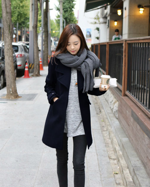 เสื้อโค้ท กันหนาว ทรงยาว แต่งซิบด้านข้าง เก๋ๆ สีกรม พร้อมส่ง DARK BLUE