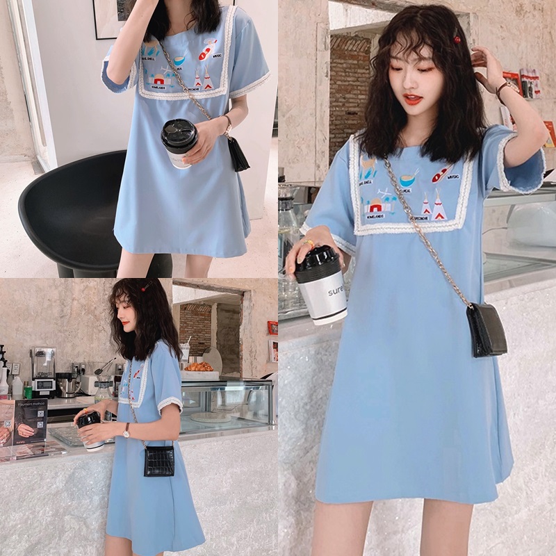 Dress4555 เดรสน่ารักสีฟ้า ช่วงอกปักลายเก๋ๆ ผ้าคอตตอนสแปนเด็กซ์เนื้อดีหนามีน้ำหนักยืดหยุ่นได้ งานน่ารักดีเทลดีงาม ทรงนี้เบสิคมีติดตู้ไว้ใส่ได้เรื่อยๆ