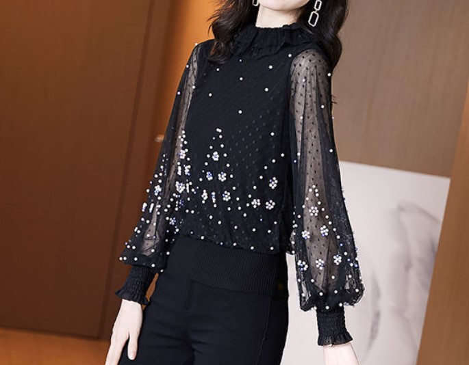 เสื้อผู้หญิง เสื้อแฟชั่น ผ้าซีทรู สีดำ ลายจุด แบบสวย ๆ เสื้อแฟชั่น ใส่ออกงาน ใส่สวย ลุ๊คคุณหนู 566569