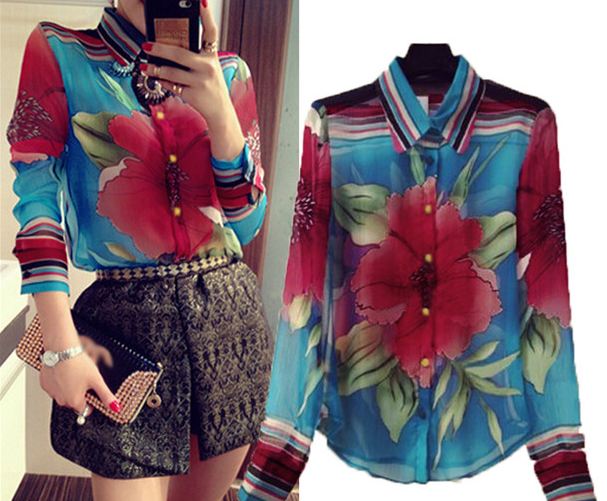 เสื้อเชิ้ตแขนยาว ผ้าชีฟอง เสื้อแฟชั่น สีฉูดฉาด ใส่เที่ยวใส่ออกงาน ลายดอกไม้ เสื้อเชิ้ตแฟชั่น สาวเปรี้ยว อย่างมีสไตล์ 132969