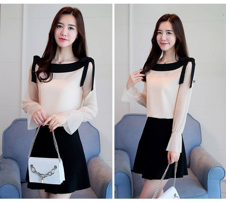 Blouse3781 เสื้อแขนยาวผูกโบว์ไหล่แต่งขอบอกสีดำตัดกับตัวเสื้อดูมีดีเทล ผ้าโพลีเนื้อดี งานสวยแมทช์กับอะไรก็ดูดี ใส่เที่ยว/ใส่ทำงานได้ มี 2 สี ขาว, ครีม