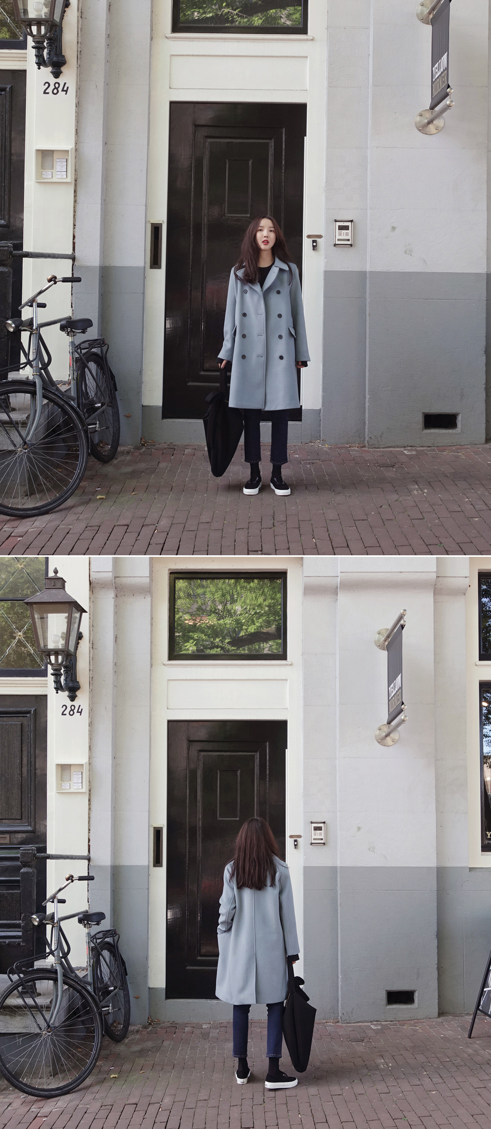 OverCoat เสื้อโค้ทกันหนาว สไตล์เกาหลี สีฟ้าอ่อน ตัวยาวแต่งกระดุมสองแถว บุซับในฟกันลม พร้อมส่ง สีฟ้าอ่อน L