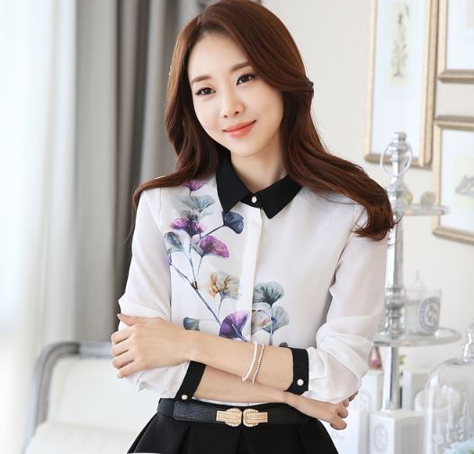 เสื้อเชิ้ตผู้หญิง เสื้อเชิ้ตแขนยาว สีขาว ใส่ทำงาน print ลายดอกไม้ สวยหวาน ดีไซน์ คอปกติ สีดำ ตัดกับเสื้อ ดูดี มีระดับ เสื้อใส่ทำงาน ออฟฟิต หวาน ๆ 584392