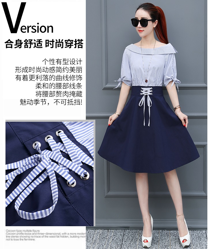 Dress4617 เดรสปาดไหล่ลายริ้วเล็กสีฟ้าขาวตัดต่อกระโปรงผ้าซาร่าสีพื้นกรม แขนสามส่วนผูกโบว์ เอวแต่งเชือกผูก