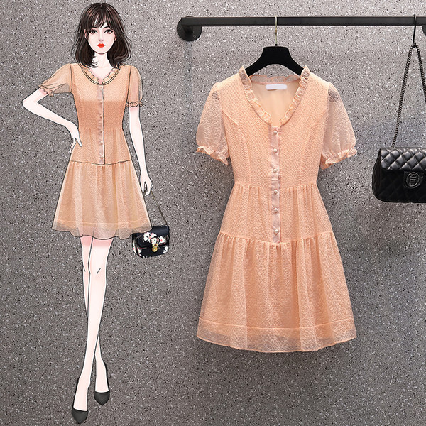 เดรสคนอ้วน เดรสสาวอวบ ชุดเดรสคนอ้วนวัยรุ่นแขนสั้น BY PLUS SIZE Girl