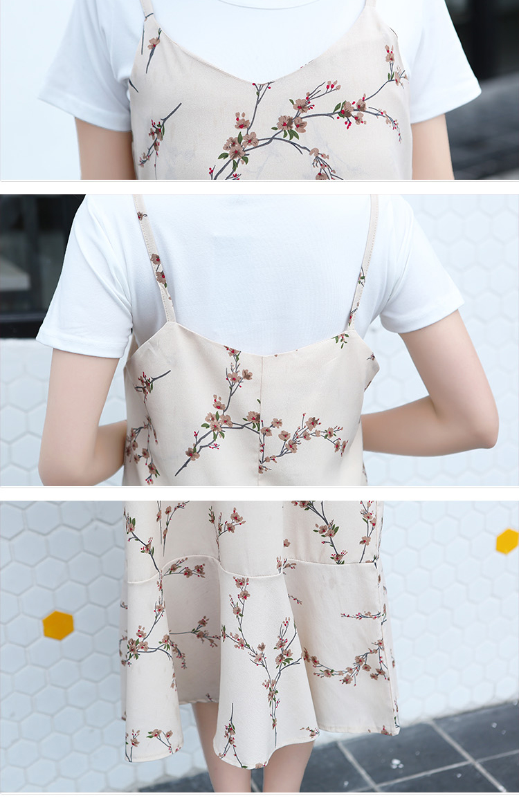 Set_bs1580 ชุด 2 ชิ้น(เสื้อ+เดรส) เสื้อยืดแขนสั้นสีขาวผ้าคอตตอนเนื้อนุ่ม+ชุดเดรสสายเดี่ยวชายระบาย ผ้าชีฟองเนื้อนุ่มลายดอกน้ำตาลพื้นสีครีม งานน่ารักผ้าเนื้อดีนุ่มใส่สบาย เซ็ทสองชิ้นสวยคุ้ม งานน่ารักแมทช์กันได้อย่างลงตัว