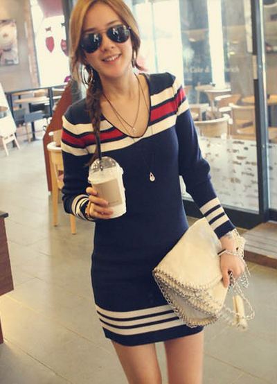 เดรสแขนยาว กระโปรงสั้น ชุดเดรสใส่กันหนาว แขนยาว ถัก Knitted สไตล์ วินเทจ สำหรับสาวมั่น เดรส สีน้ำเงิน ตัด ขาวแดง เปรี้ยว ๆ 519921