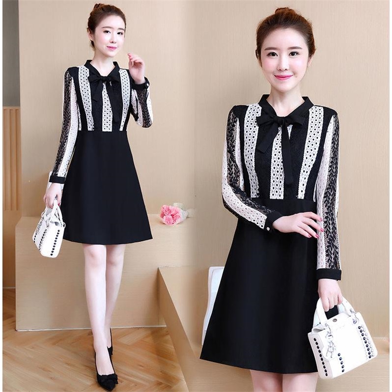 Dress4426 เดรสลูกไม้แขนยาวสลับสีครีมดำตัดต่อกระโปรงสีพื้นดำผูกโบว์คอ มีซับใน งานดีทรงดีดูสวยแพง ทรงนี้ใส่ทำงานได้