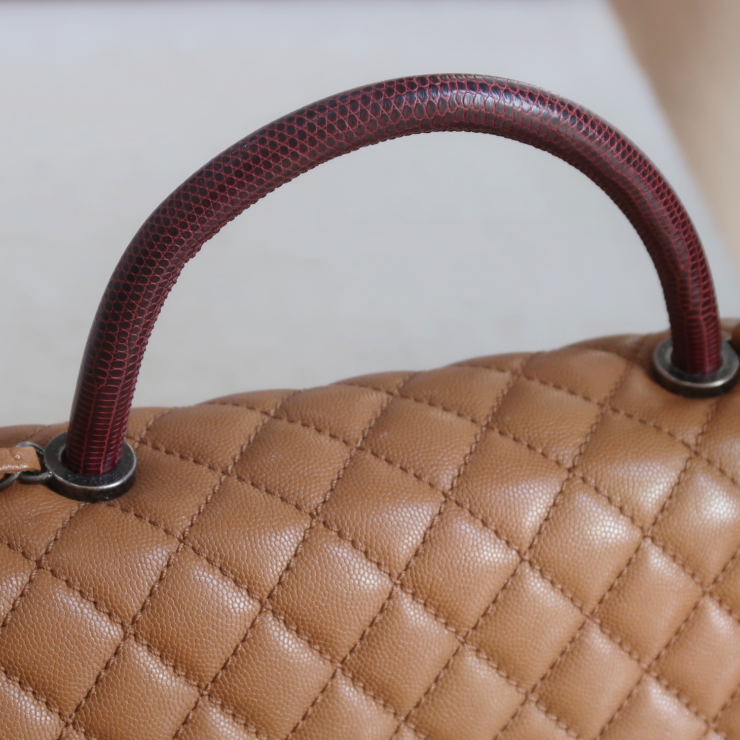 Chanel Caramel Caviar Coco Handle Lizard Medium 13" RHW