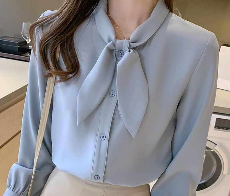 เสื้อเชิ้ต ผู้หญิง ใส่ทำงาน สีพื้น สีฟ้าคราม สีขาว เสื้อเชิ้ตแขนยาว แบบมีโบว์ที่คอ น่ารัก ๆ 787516