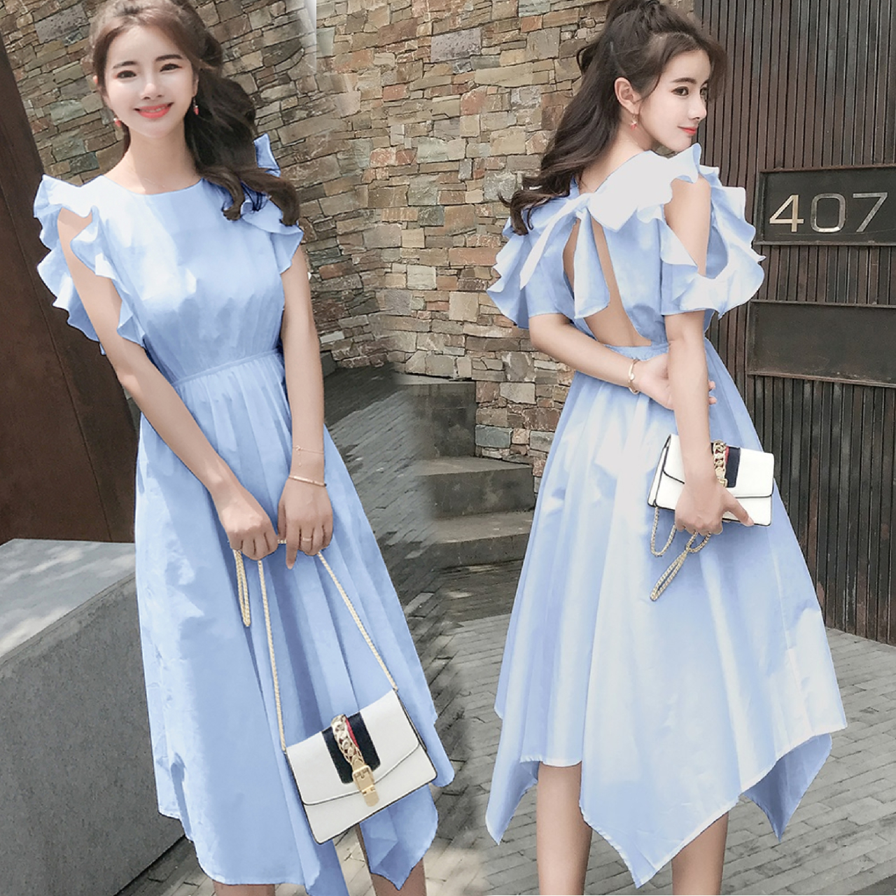Dress4658 Maxi Dress เดรสยาวแขนระบายผูกโบว์หลัง เอวยางยืด ผ้าโพลีเกรดพรีเมียมเนื้อดีหนามีน้ำหนักทิ้งตัว งานสวยดีเทลดีงาม โทนสีพาสเทลสวยหวานละมุน ใส่เที่ยวใส่ชิลด์ ชุดเดียวเอาอยู่ มี 2 สี ฟ้า, ชมพู