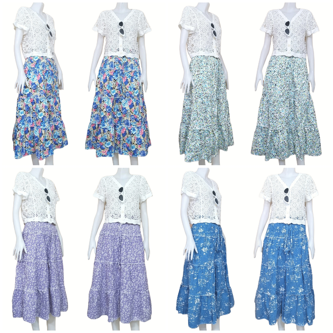 Skirt403-406 กระโปรงยาวลายดอกไม้ เอวสม็อคยางยืด ผ้าคอตตอนยีนส์, ผ้าสกินนี่เนื้อดีมีน้ำหนัก งานสวยน่ารักทรงนี้มีติดตู้ไว้ใส่ได้เรื่อยๆ งานน่ารักแมทช์กับอะไรก็เข้า