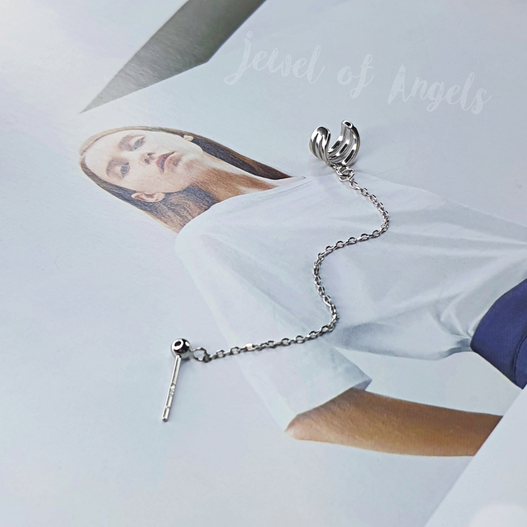 ต่างหูก้านเสียบ รุ่น Wild เงินแท้ทั้งชิ้น S925 ต่างหูหมุดกลม และ Ear Cuff 3แฉก แต่งโซ่ สีเงิน Silver925