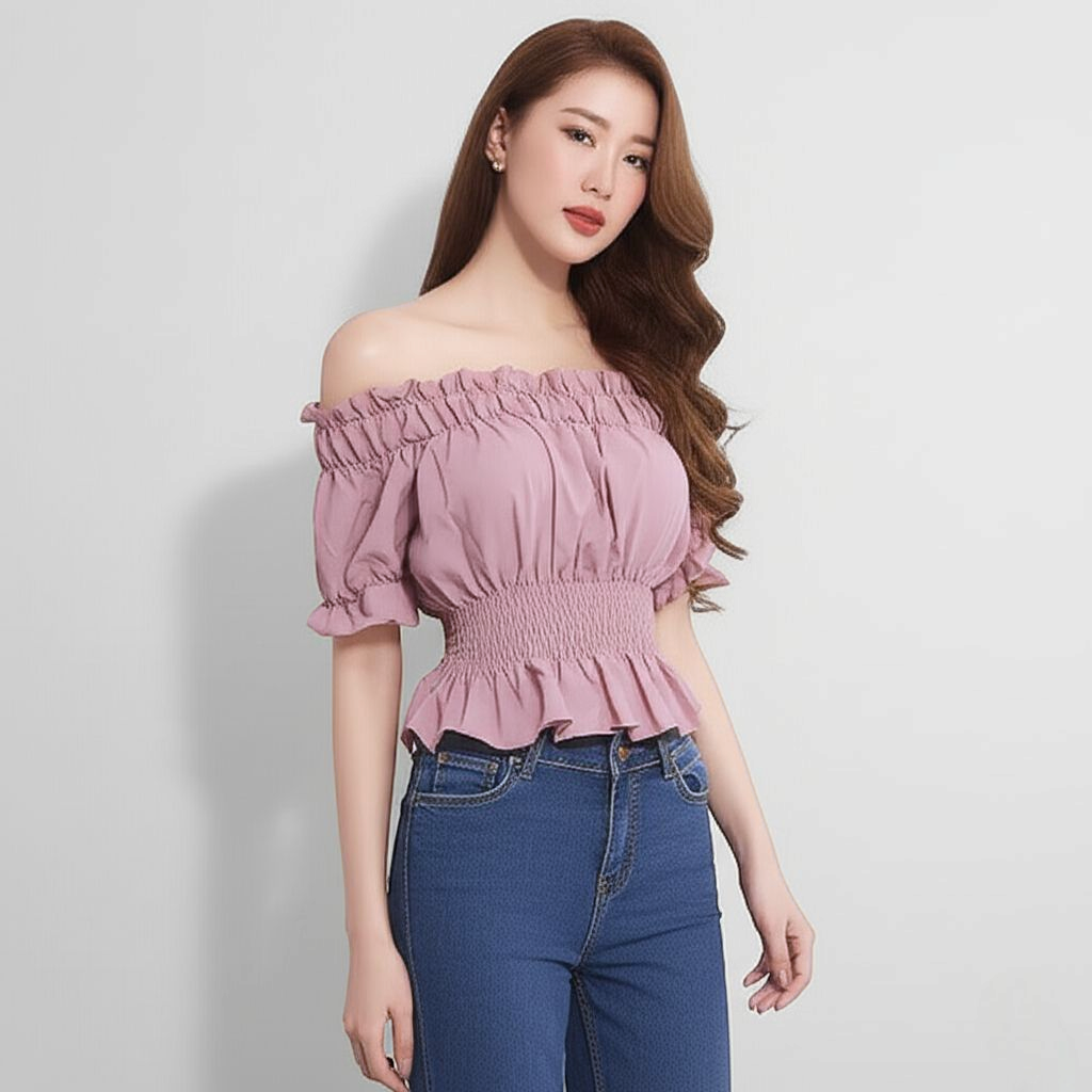🌸 Blouse3890 หวานละมุน ดูแพงทุกมุมมอง! เสื้อเปิดไหล่สม็อครอบบ่าและเอว แต่งชายระบายสุดน่ารัก แขนตุ๊กตาพองเบาเพิ่มความฟรุ้งฟริ้ง