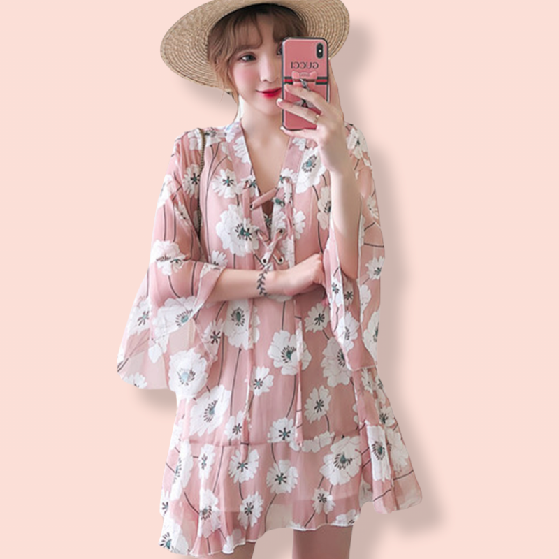 Dress4434 เดรสชีฟองลายดอกไม้สีชมพู อกผูกเชือกเก๋ๆ แขนระบาย ชายระบาย มีซับในอย่างดี งานสวยใส่ง่ายน่ารักมาก