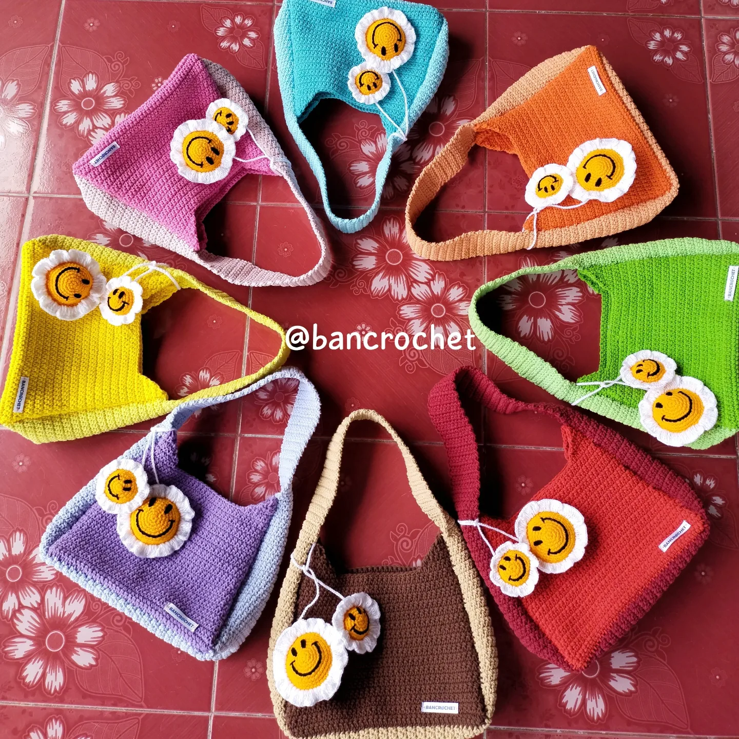 Bancrochet กระเป๋าถักโครเชต์ crochet bag หลากสี 8*5.5 สาย 7 inch