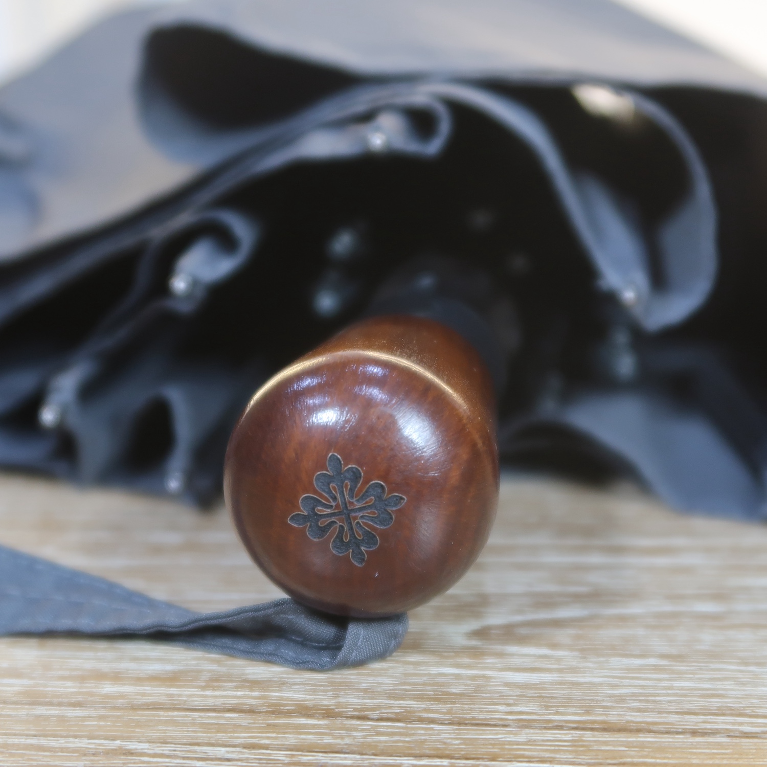 Patek Phillipe Grey Synthetic Fabric Wooden Handle Folding Umbrella