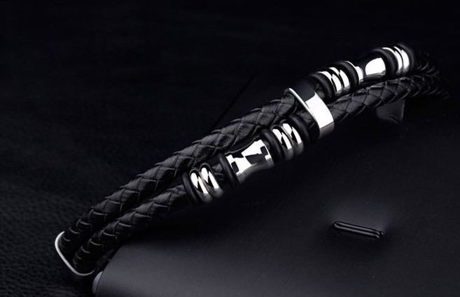 สร้อยข้อมือผู้ชาย หนังแท้ สีดำ ถัก 2 ชั้น งานพรีเมี่ยม กำไลข้อมือ สำหรับผู้ชาย ร้อย ห่วงเงิน หรูหรา แบบมีสไตล์ ของขวัญแทนใจ สุดไฮโซ 564782