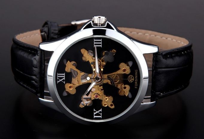 นาฬิกาข้อมือ โชว์กลไก Mechanical watch สไตล์ ทหาร อเมริกัน สไนเปอร์ ดีไซน์ ลายพราง 2 สี หน้าปัดทอง และ ดำ สายหนัง สุดคลาสสิค 431673