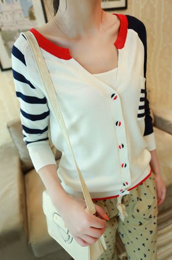 เสื้อคลุม Cardigans ผ้าทอเนื้อบางนิ่มยืดหยุ่น น่ารัก พร้อมส่ง แขนสีกรม